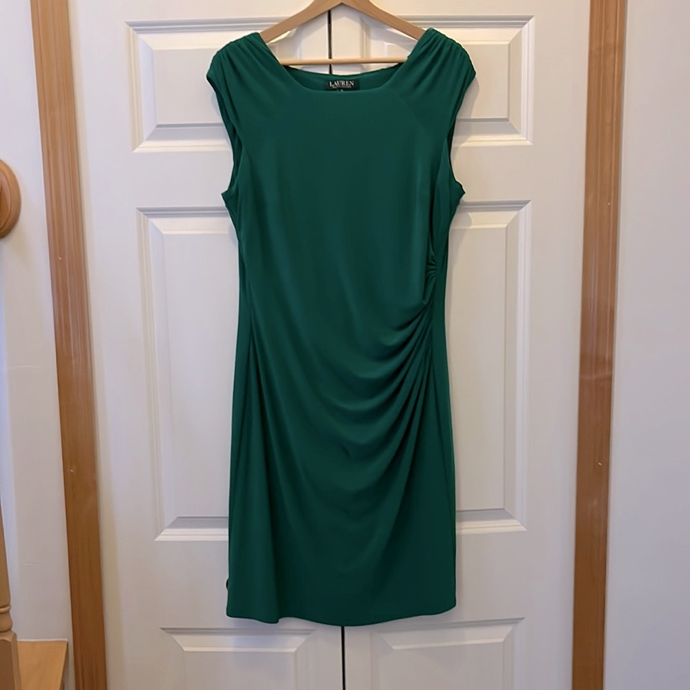 Green Ralph Lauren Ruched Dress Size 16 Knee length Flatteringly Holiday